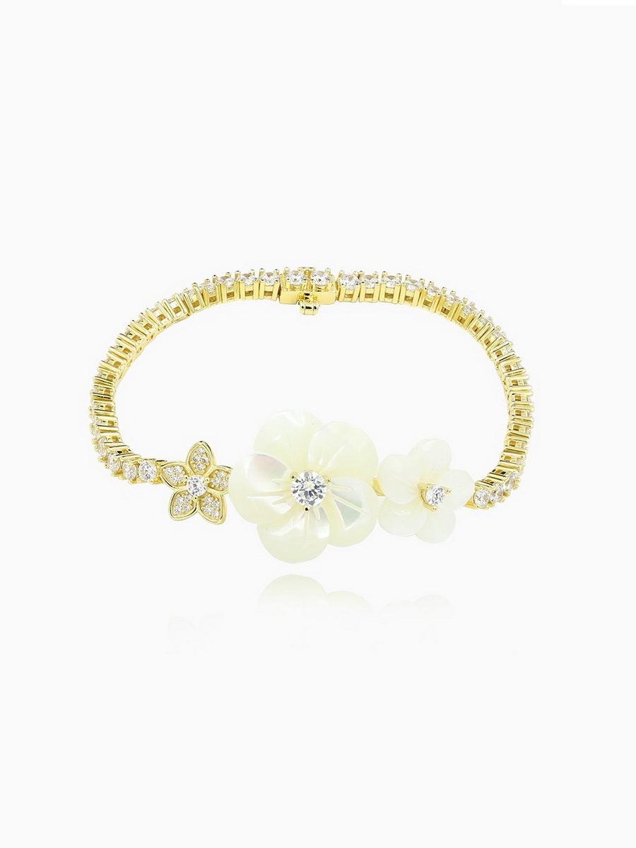 Hand Carved Mother of Pearl Flower CZ Bracelet