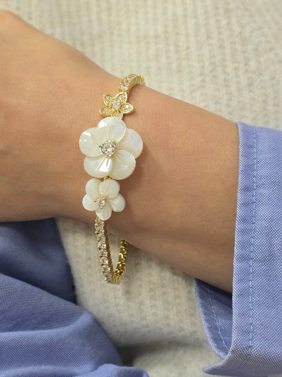 Hand Carved Mother of Pearl Flower CZ Bracelet