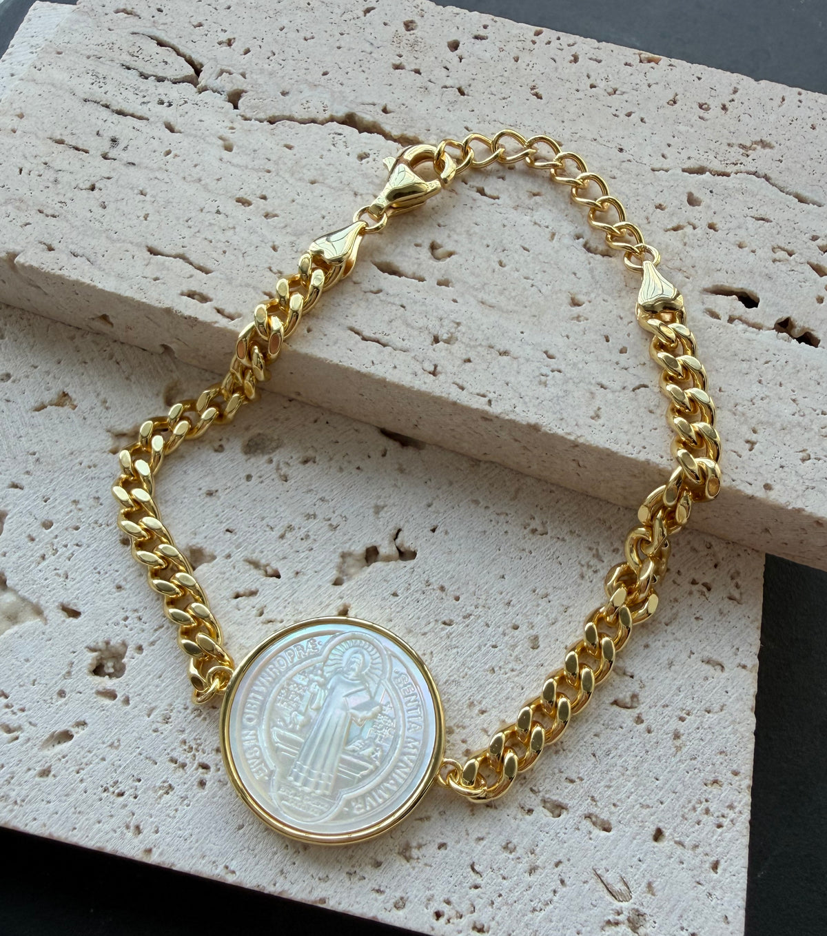 Vermeil Gold Plated Religion "Saint Benedict Medal" 925 Silver Bracelet
