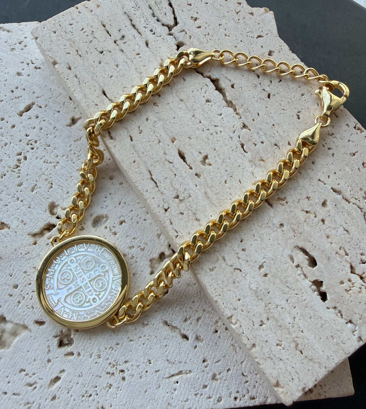 Vermeil Gold Plated Religion "Saint Benedict Medal" 925 Silver Bracelet