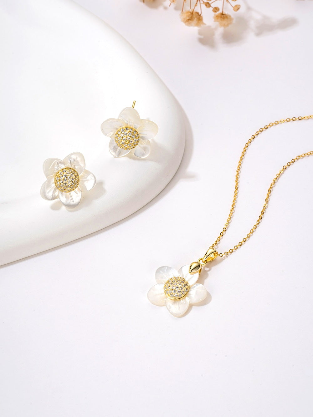 Delicate Flower With CZ Pendant Necklace