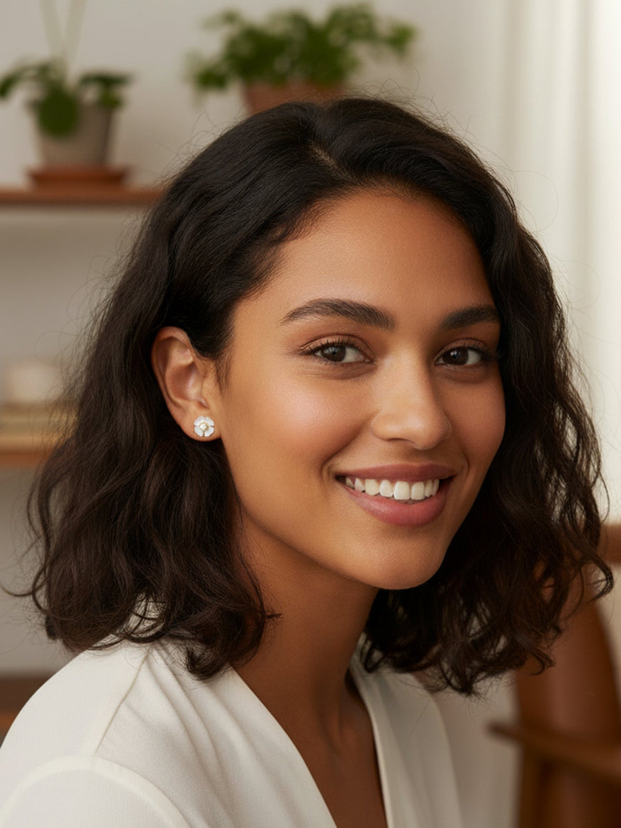 Small Mother of Pearl Flower with CZ Stud Earrings