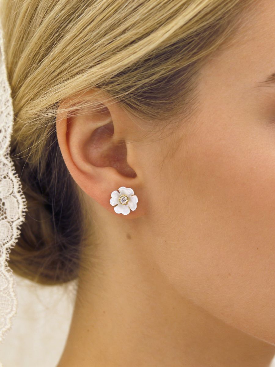 Small Mother of Pearl Flower with CZ Stud Earrings
