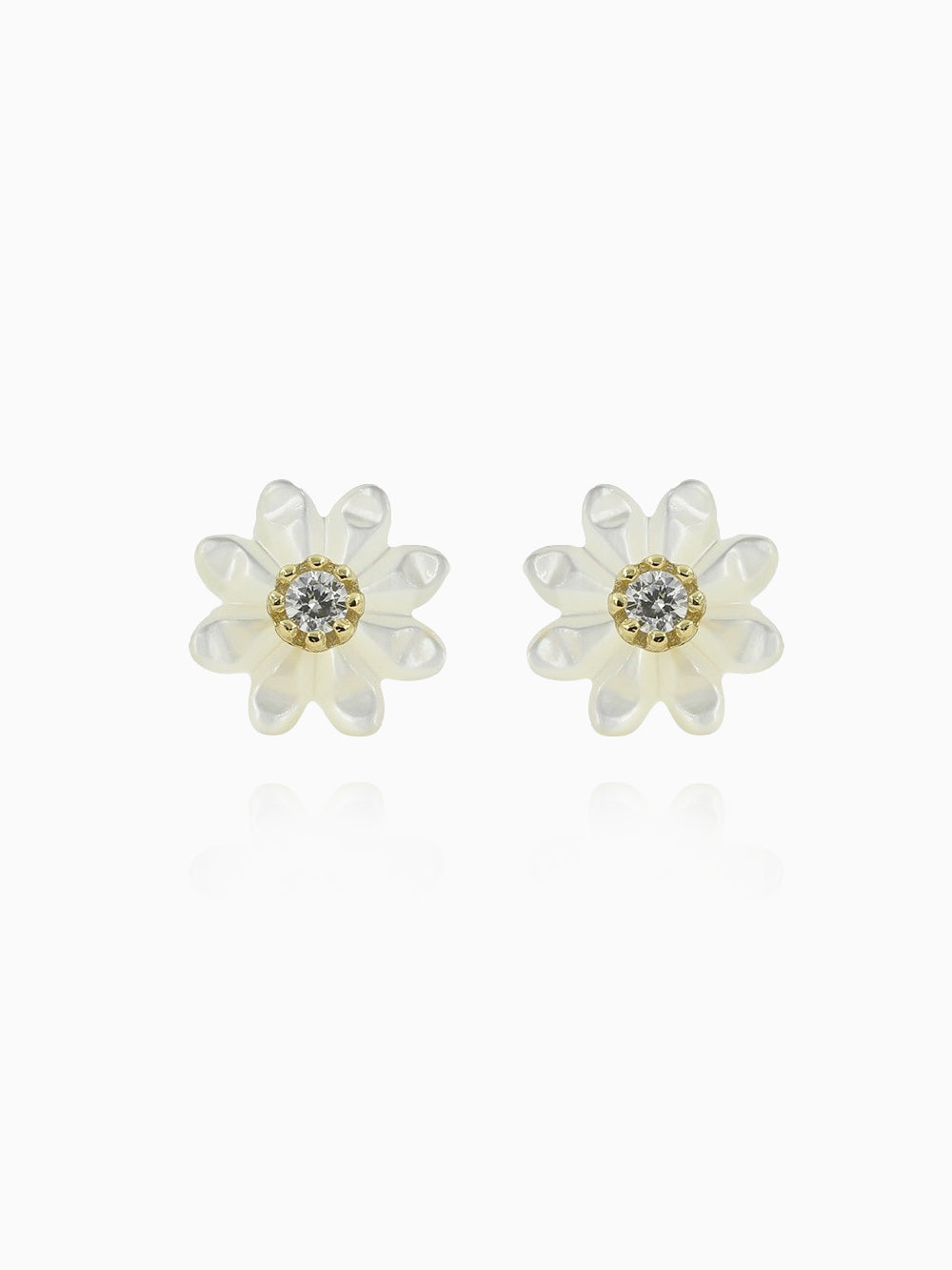 These earrings from Joy & Rachel are made from 14K gold plated 925 sterling silver, featuring a stunning flower design. They are embellished with 5A cubic zirconia and white mother of pearl stones. The earrings have a post back for secure wear. The measurements are 0.65 inches (1.5 cm) in length and 0.5 inches (1 cm) in width.