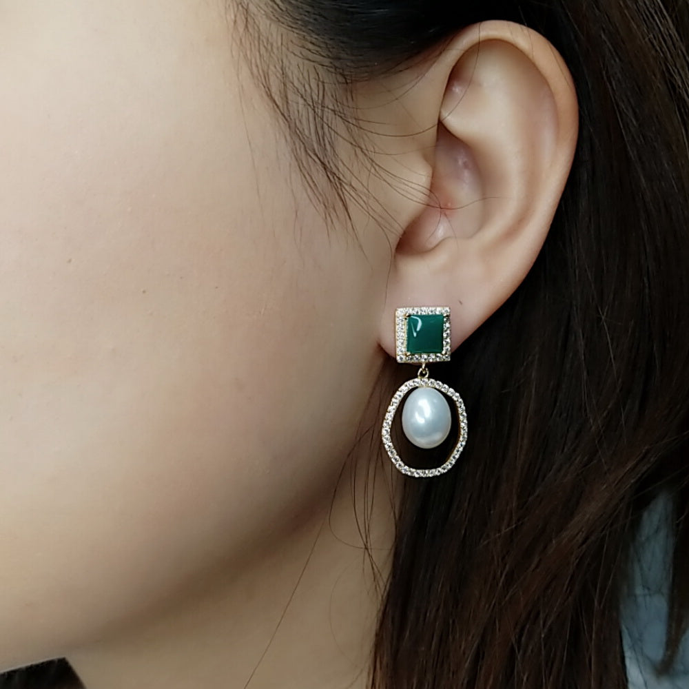 Fresh Water Pearl, Cubic Zirconia, Green Agate, Dangle Earring, Fashion Accessories, Elegant Jewelry