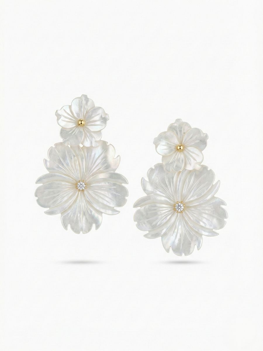 Double Flower Mother of Pearl Dangle Ear Jacket Earrings