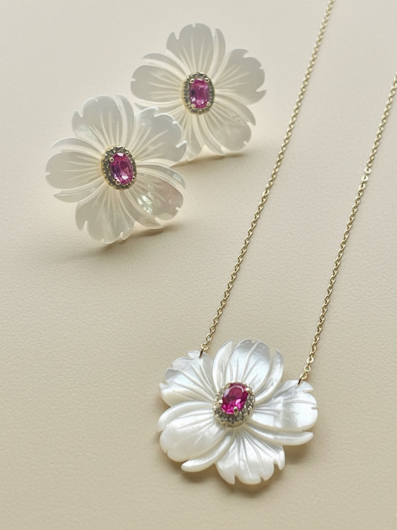 Mother of Pearl  Flower CZ Stud Earrings