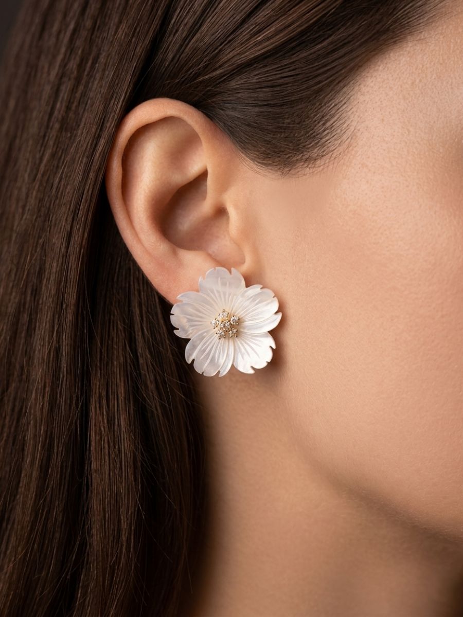 Mother of Pearl Carved Flower CZ Earrings