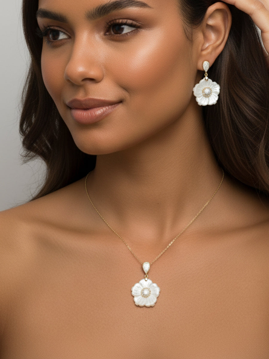 Mother of Pearl With CZ Flower Pendant