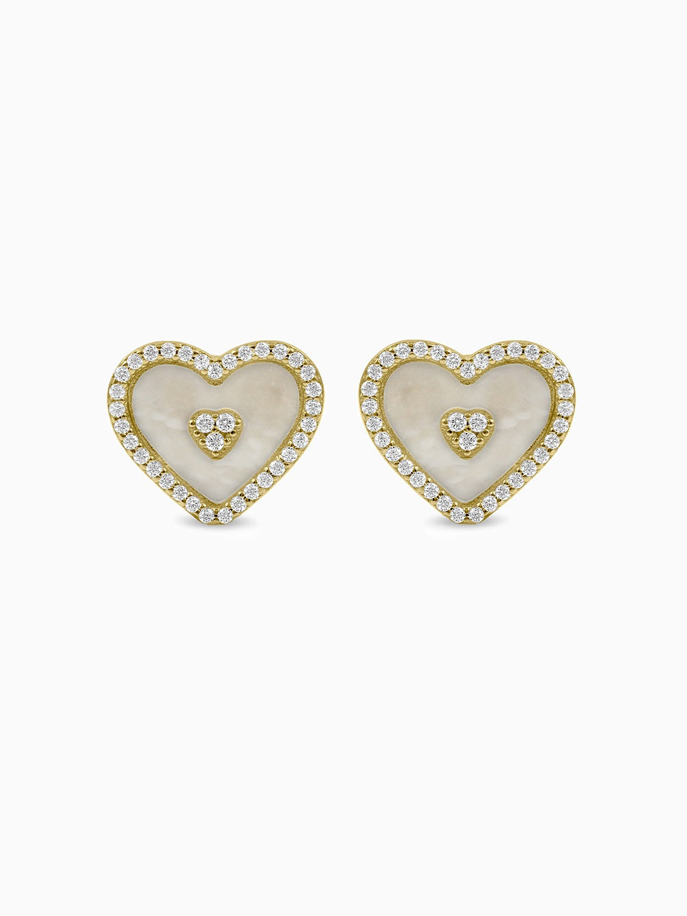Mother of Pearl Inlay CZ Diamonds Heart Stud Earrings