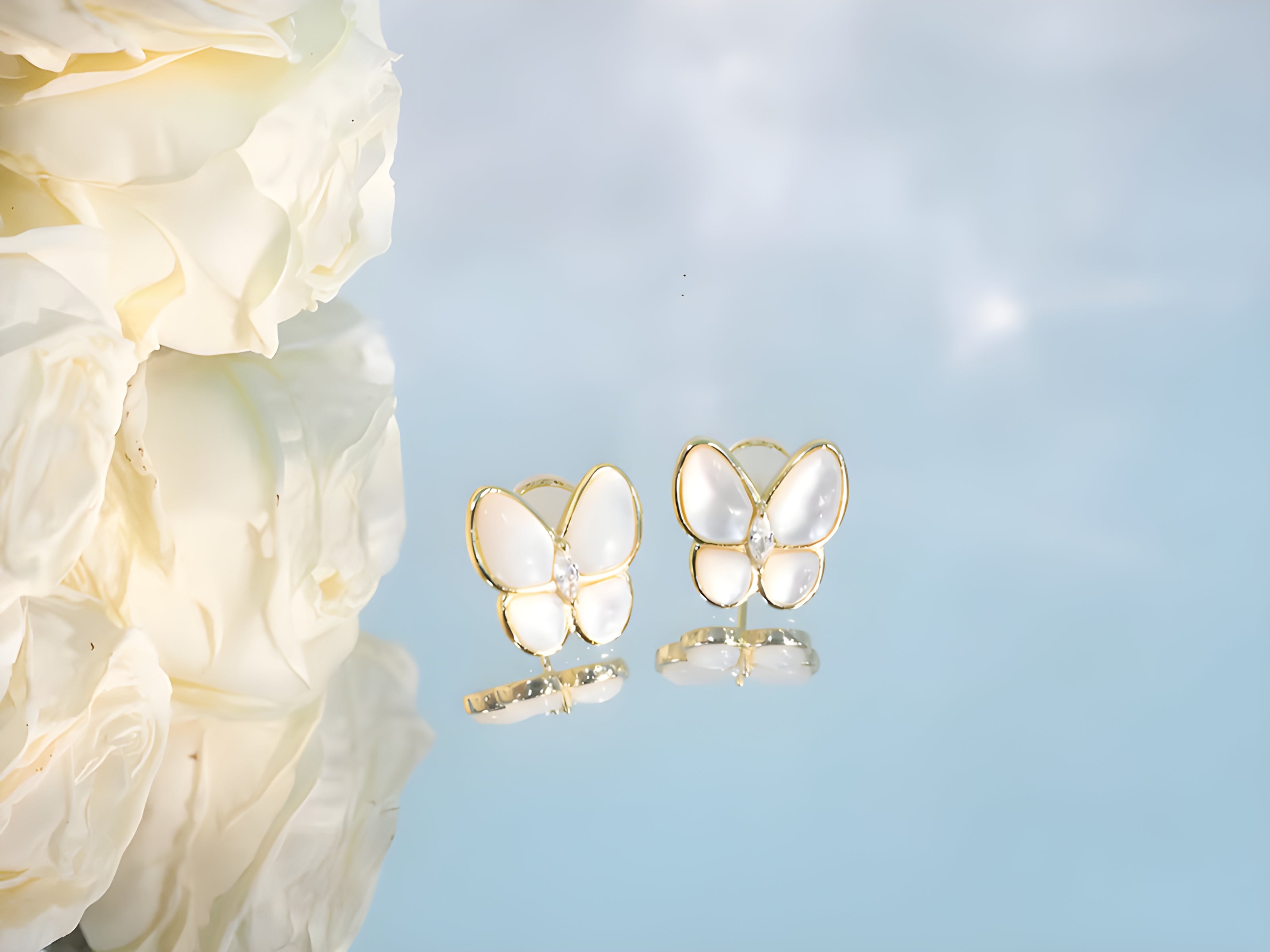 Elegant Mother of Pearl Butterfly CZ Stud Earrings