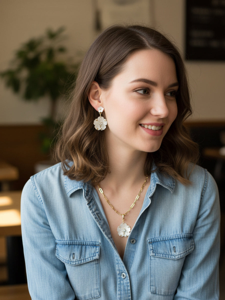 Delicate Mother of Pearl Floral with Shiny CZ Drop Earrings