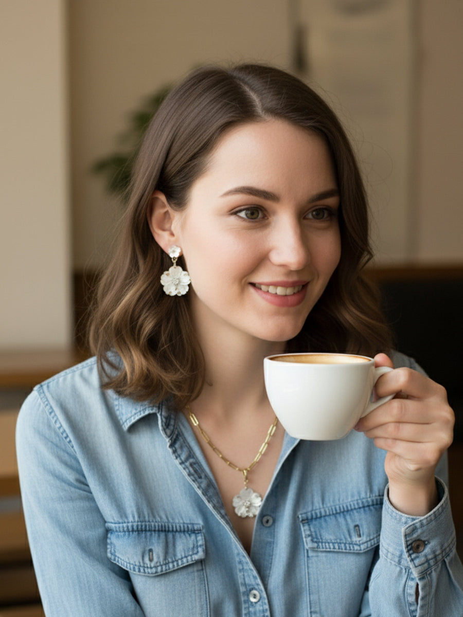 Delicate Mother of Pearl Floral with Shiny CZ Drop Earrings