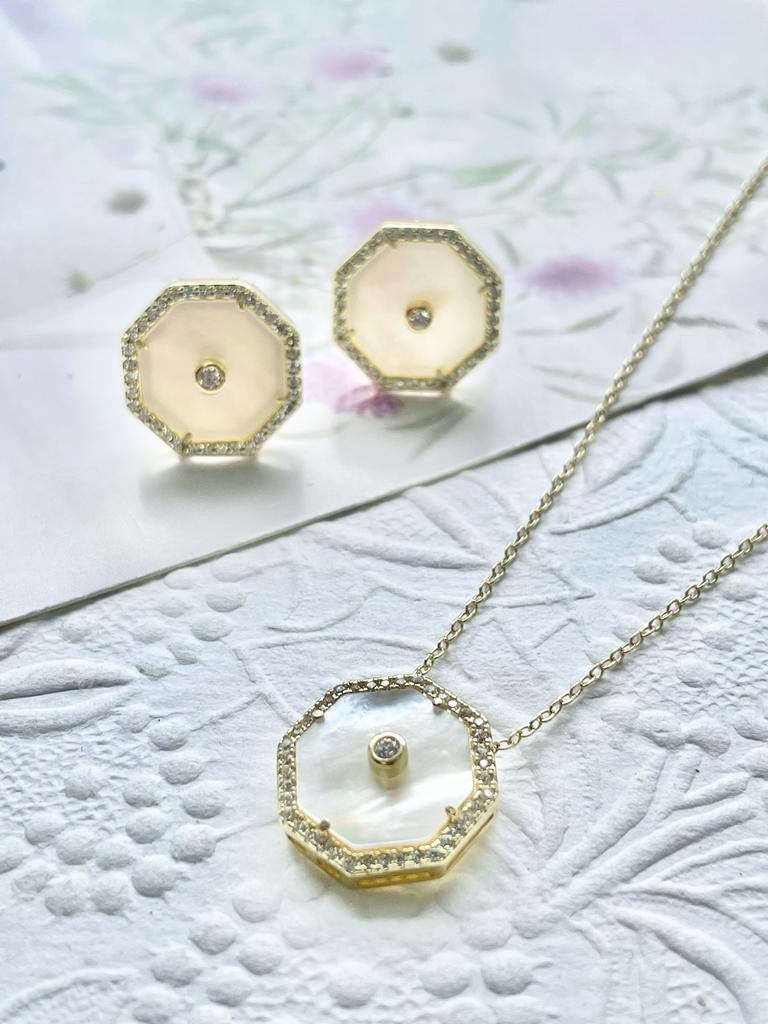 Mother of Pearl Octagon White CZ Necklace