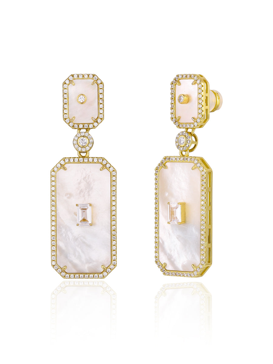 CZ Embedded Mother of Pearl Rectangle Dangle Earrings