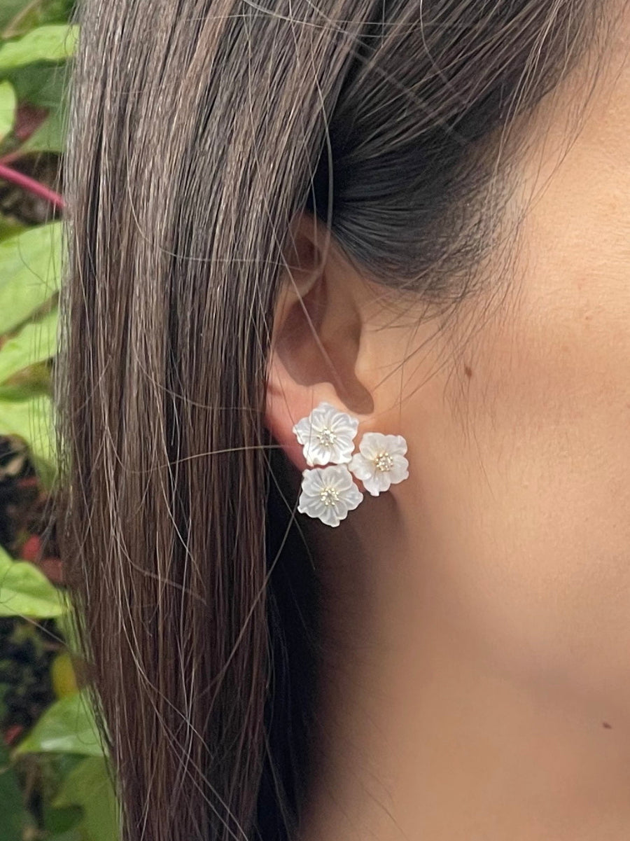 Triple Flowers Mother of Pearl CZ Earrings