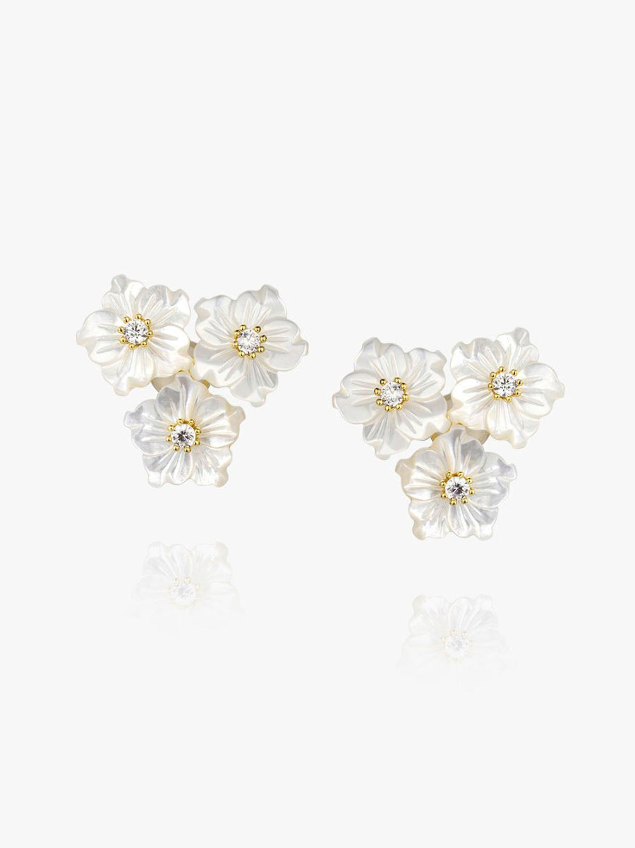 Triple Flowers Mother of Pearl CZ Earrings