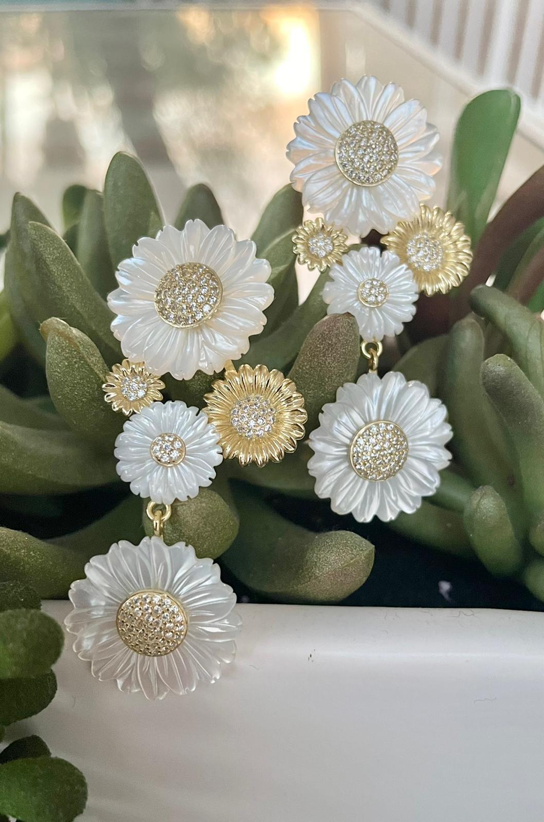 Mother of Pearl Daisy Drop Earrings with Gold Accents