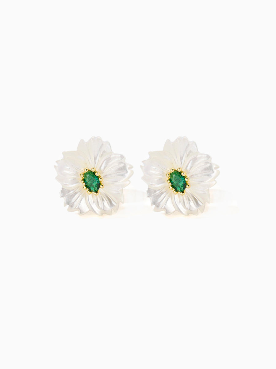 Mother of Pearl White Flower with Green/Red CZ Stud Earrings