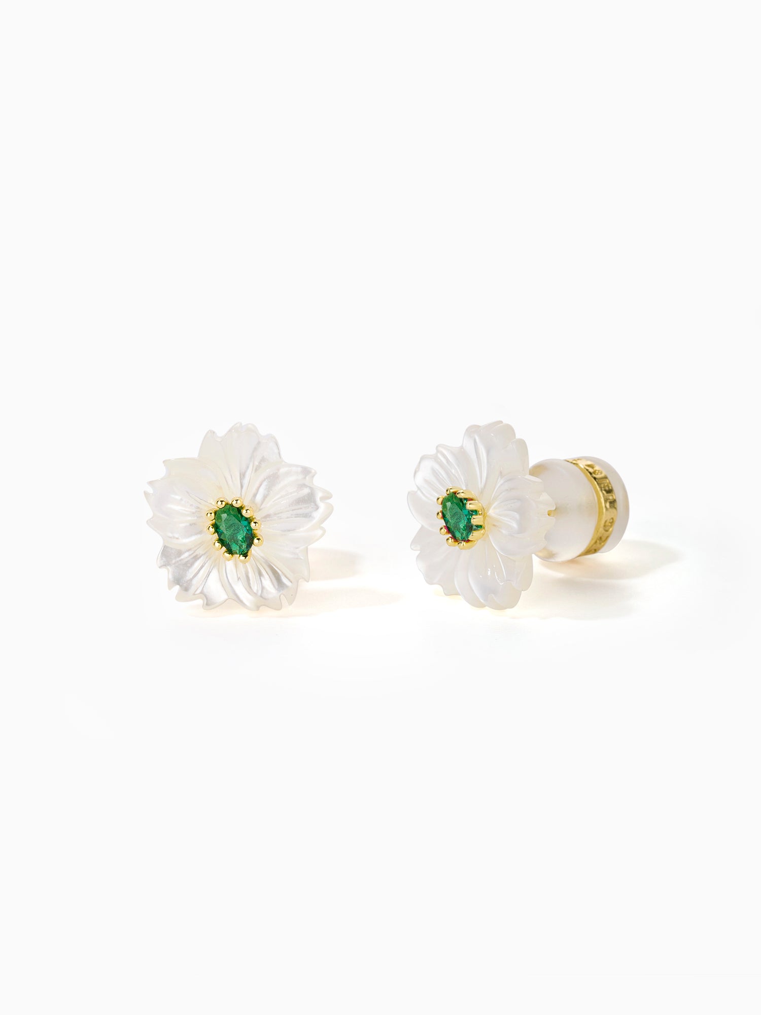 Mother of Pearl White Flower with Green/Red CZ Stud Earrings