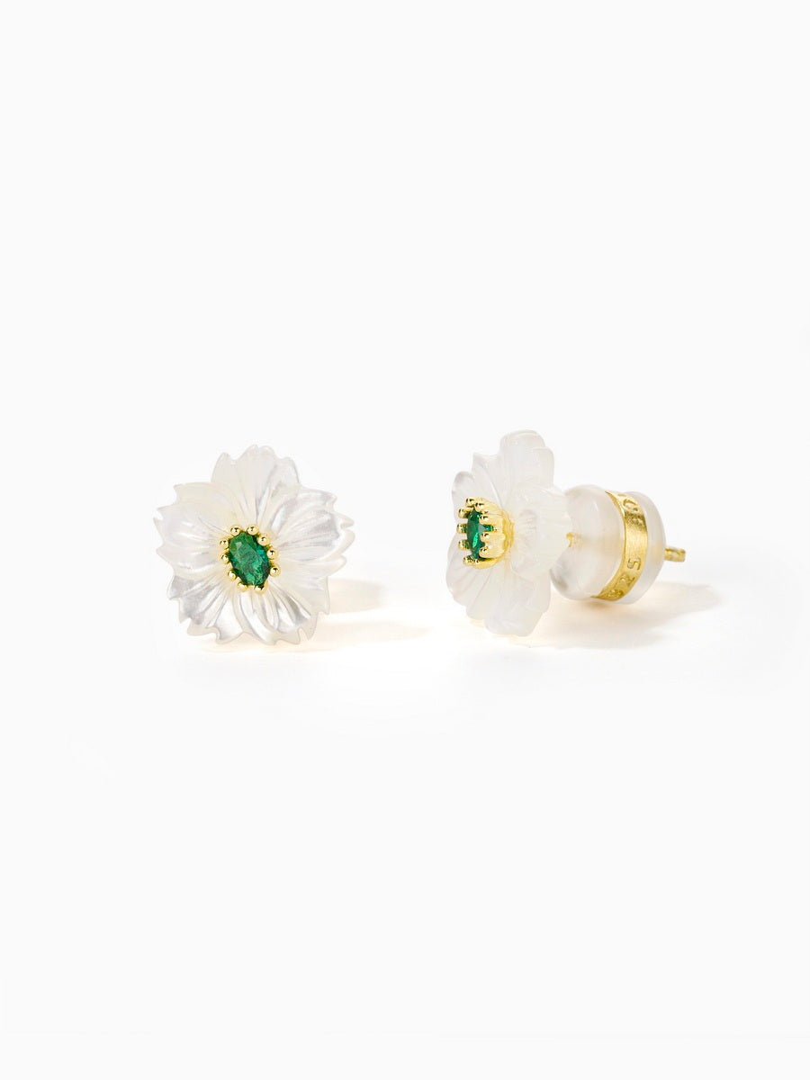 Mother of Pearl White Flower with Green/Red CZ Stud Earrings