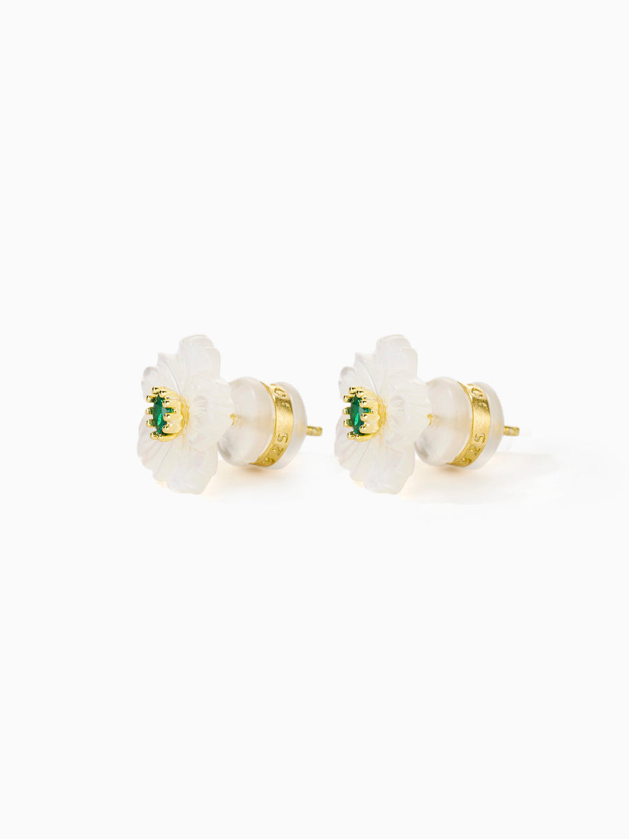 Mother of Pearl White Flower with Green/Red CZ Stud Earrings