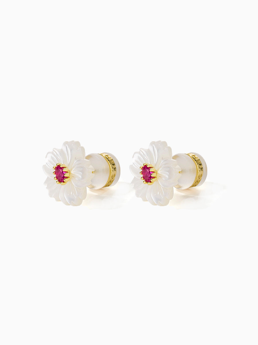 Mother of Pearl White Flower with Green/Red CZ Stud Earrings