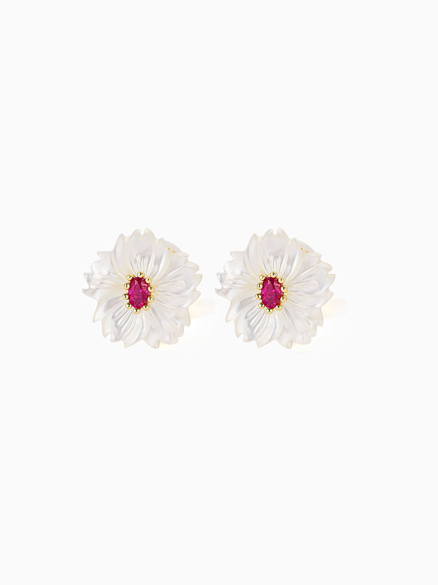 Mother of Pearl White Flower with Green/Red CZ Stud Earrings