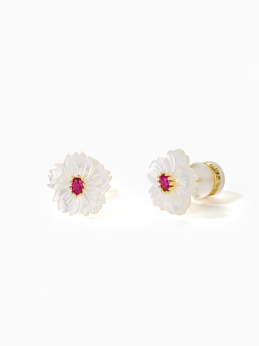 Mother of Pearl White Flower with Green/Red CZ Stud Earrings