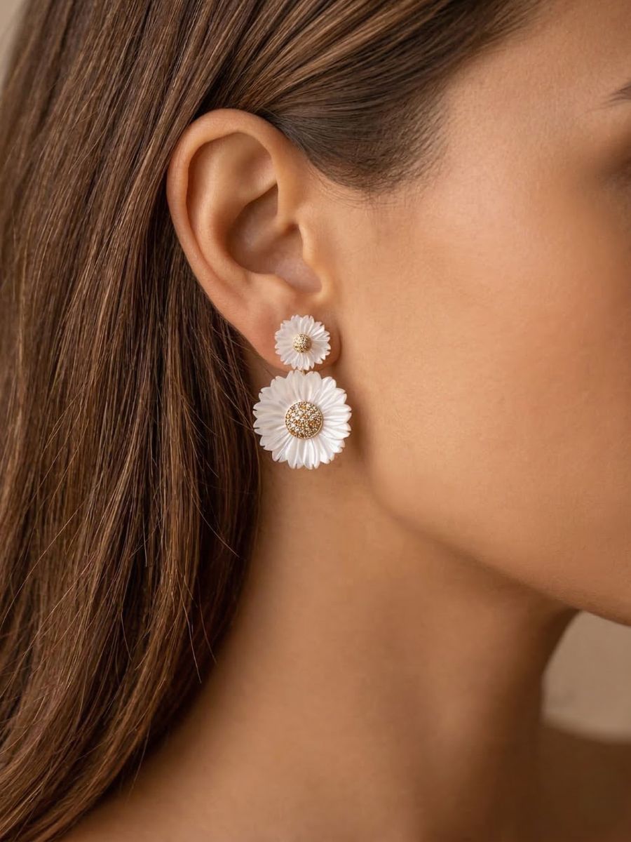 Double Daisy Flower MOP Ear Jacket Earrings