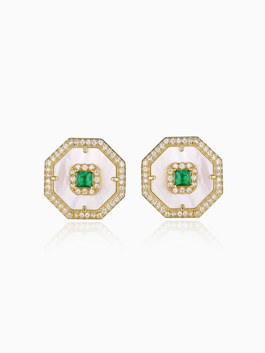 Mother of Pearl Inlay CZ Octagon Stud Earrings