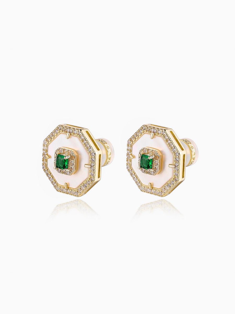 Mother of Pearl Inlay CZ Octagon Stud Earrings