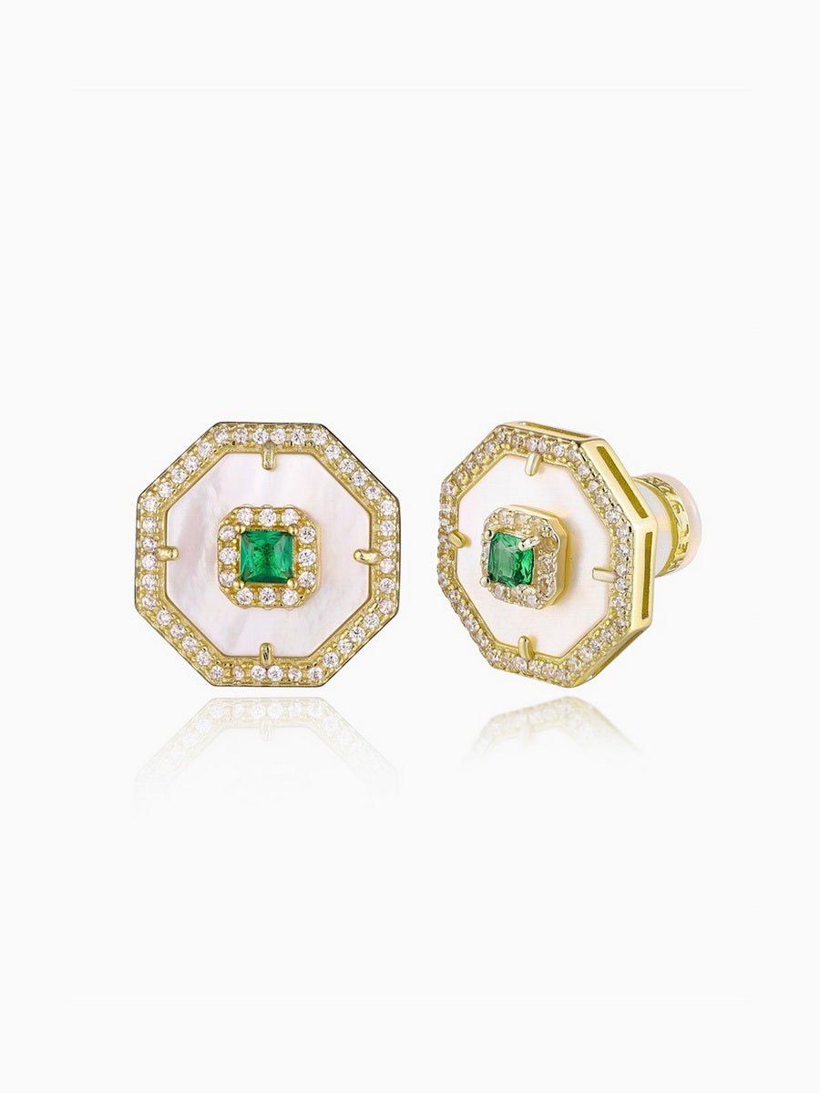 Mother of Pearl Inlay CZ Octagon Stud Earrings