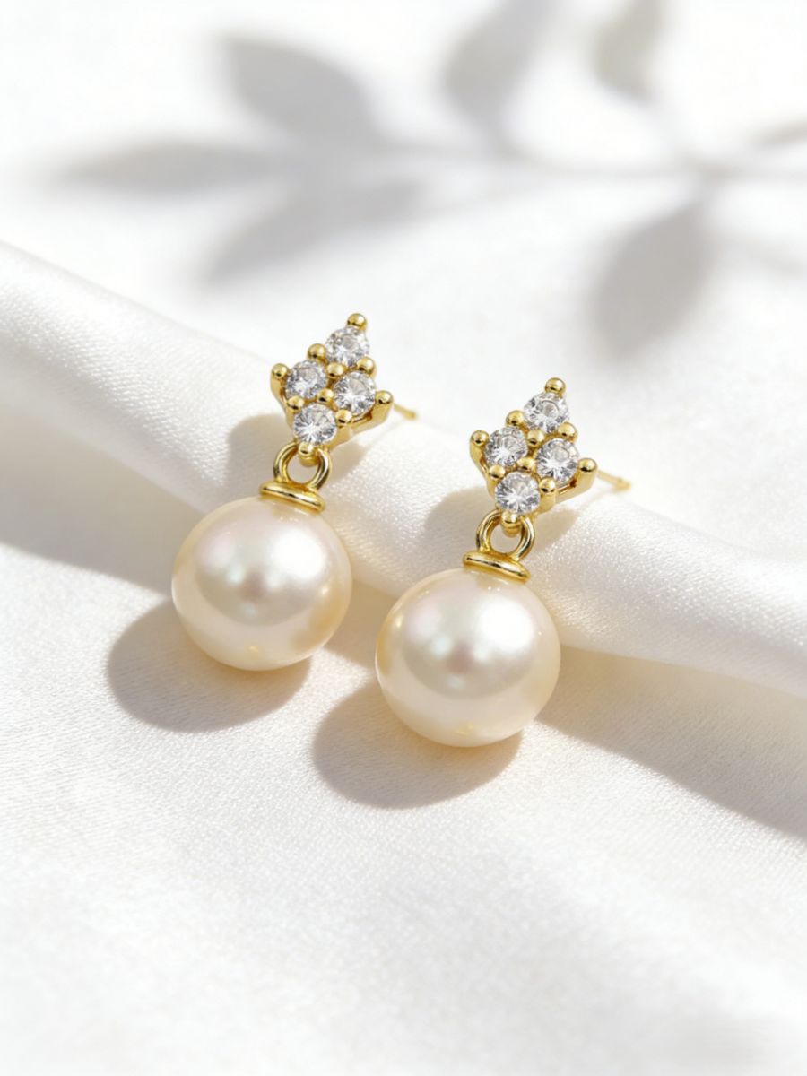 8MM Fresh Water Pearl & CZ  Drop Earrings