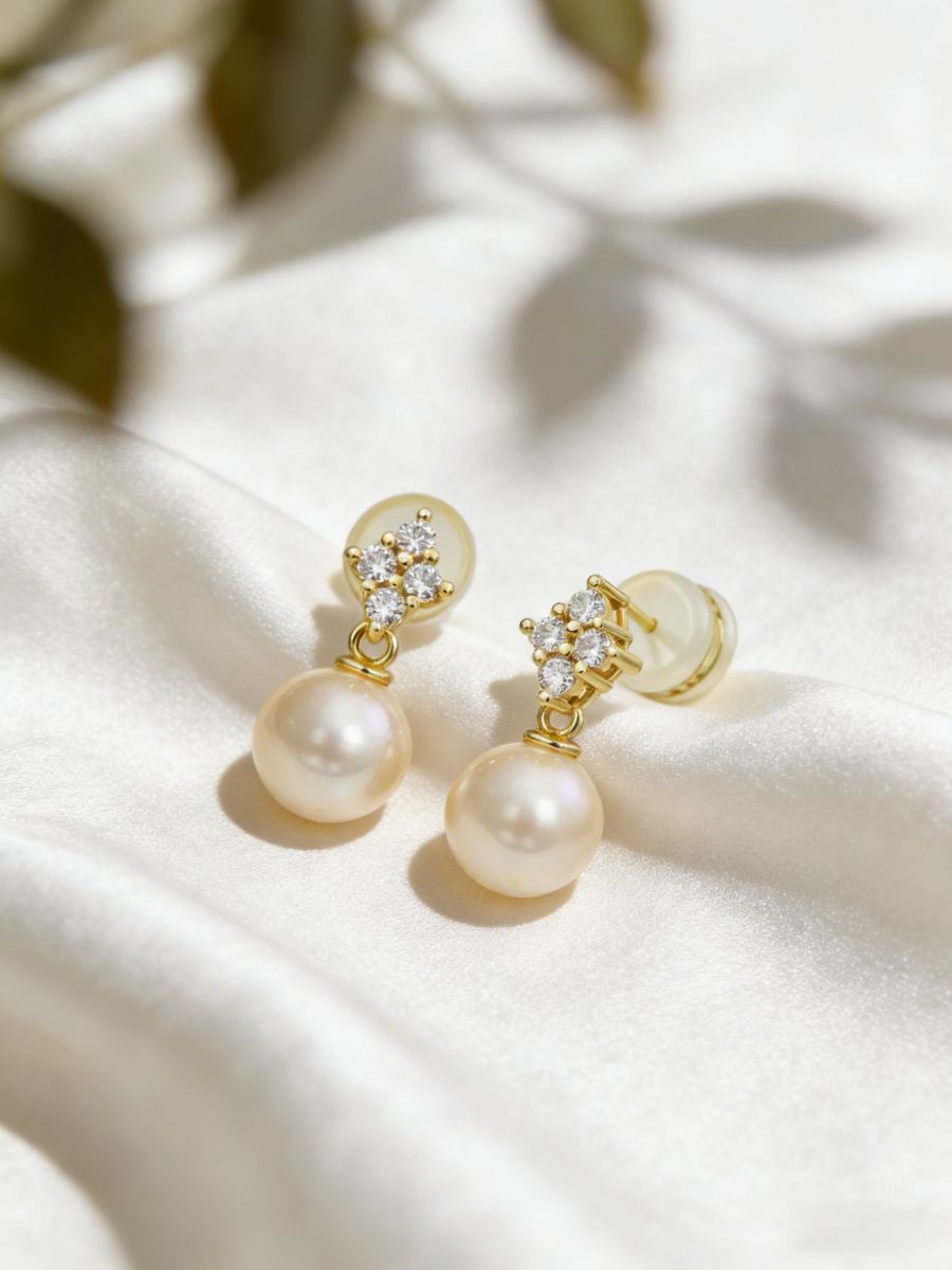 8MM Fresh Water Pearl & CZ  Drop Earrings