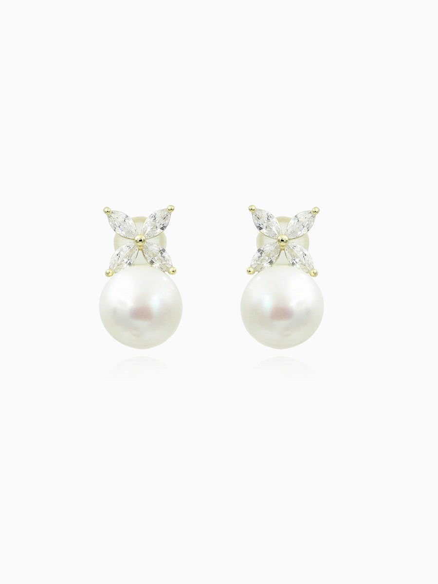 10MM Fresh Water Pearl with Flower CZ Earrings