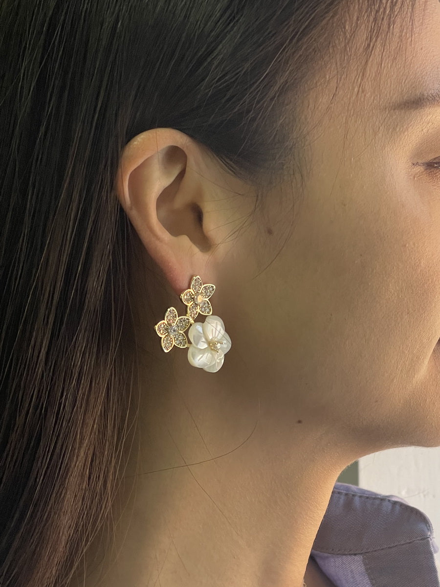 Premium Mother of Pearl & CZ Flower Earrings