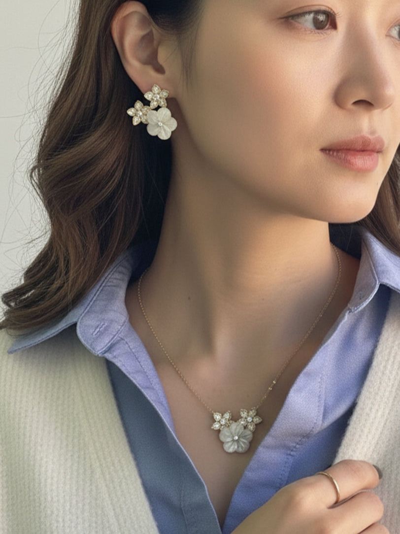Premium Mother of Pearl & CZ Flower Pendant Necklace