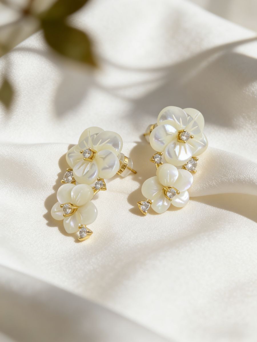 Carved Mother of Pearl Double Flower CZ Earrings