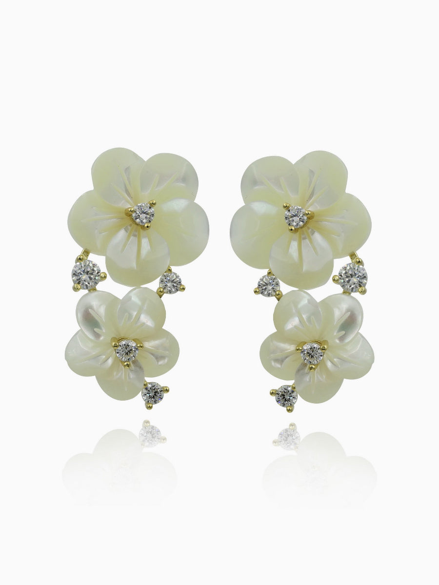 Carved Mother of Pearl Double Flower CZ Earrings
