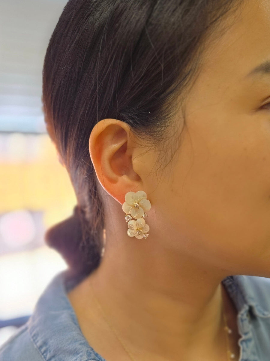 Carved Mother of Pearl Double Flower CZ Earrings