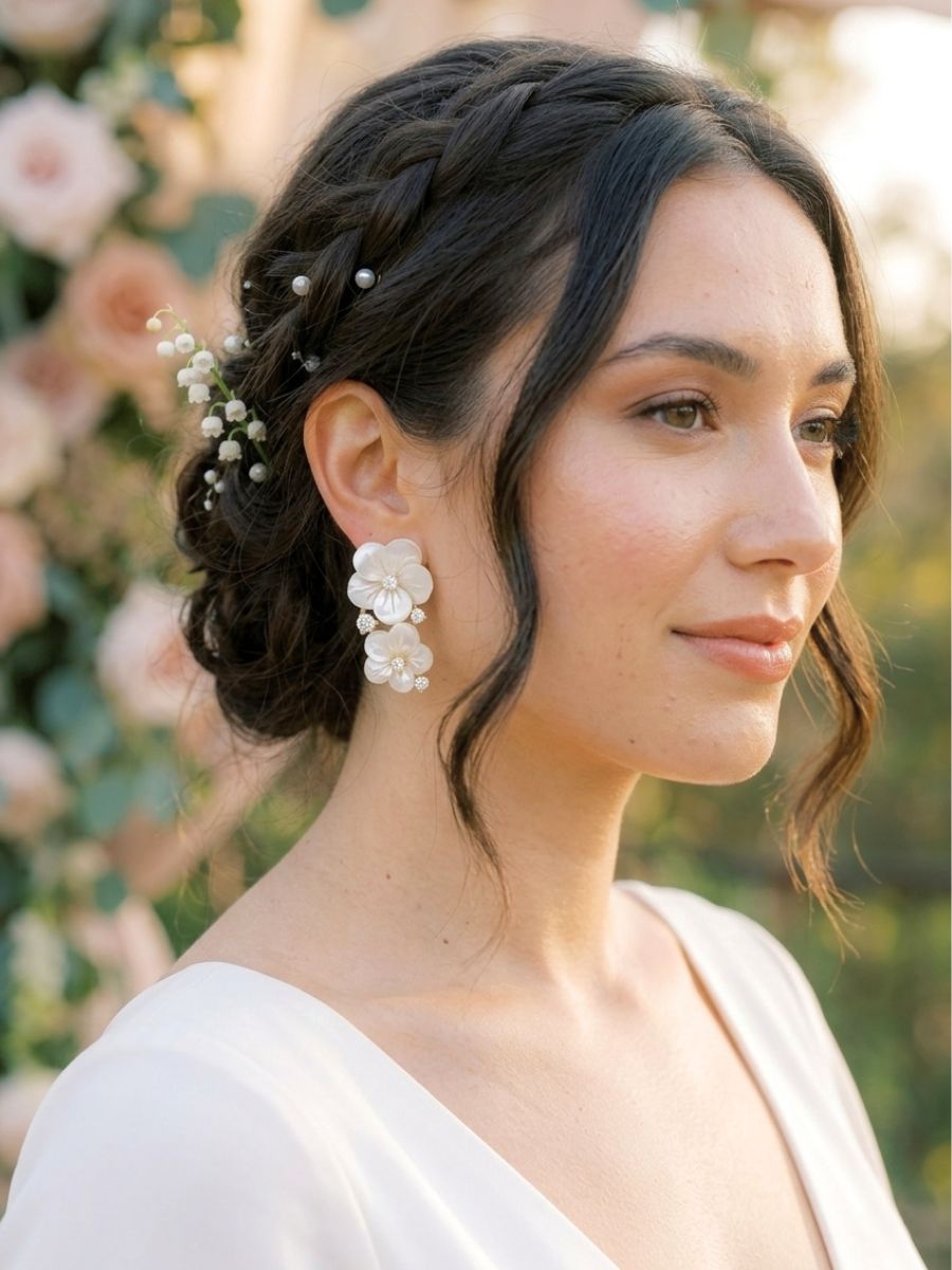 Carved Mother of Pearl Double Flower CZ Earrings