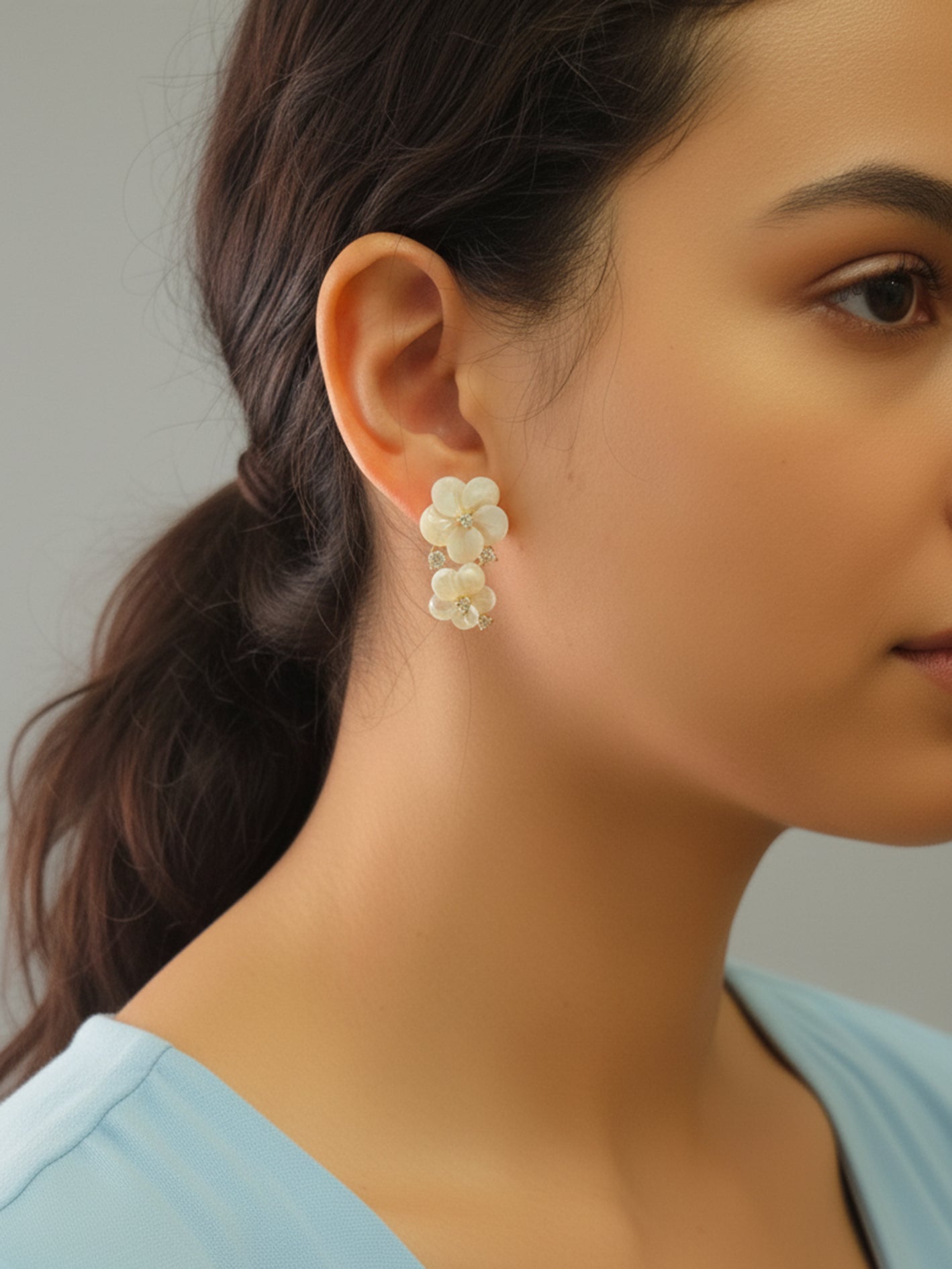 Carved Mother of Pearl Double Flower CZ Earrings