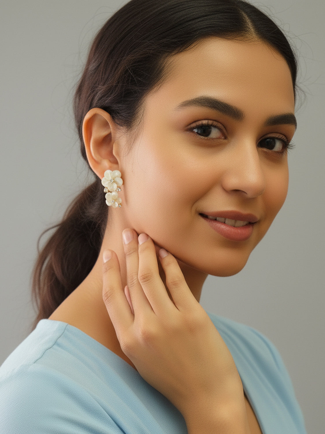 Carved Mother of Pearl Double Flower CZ Earrings
