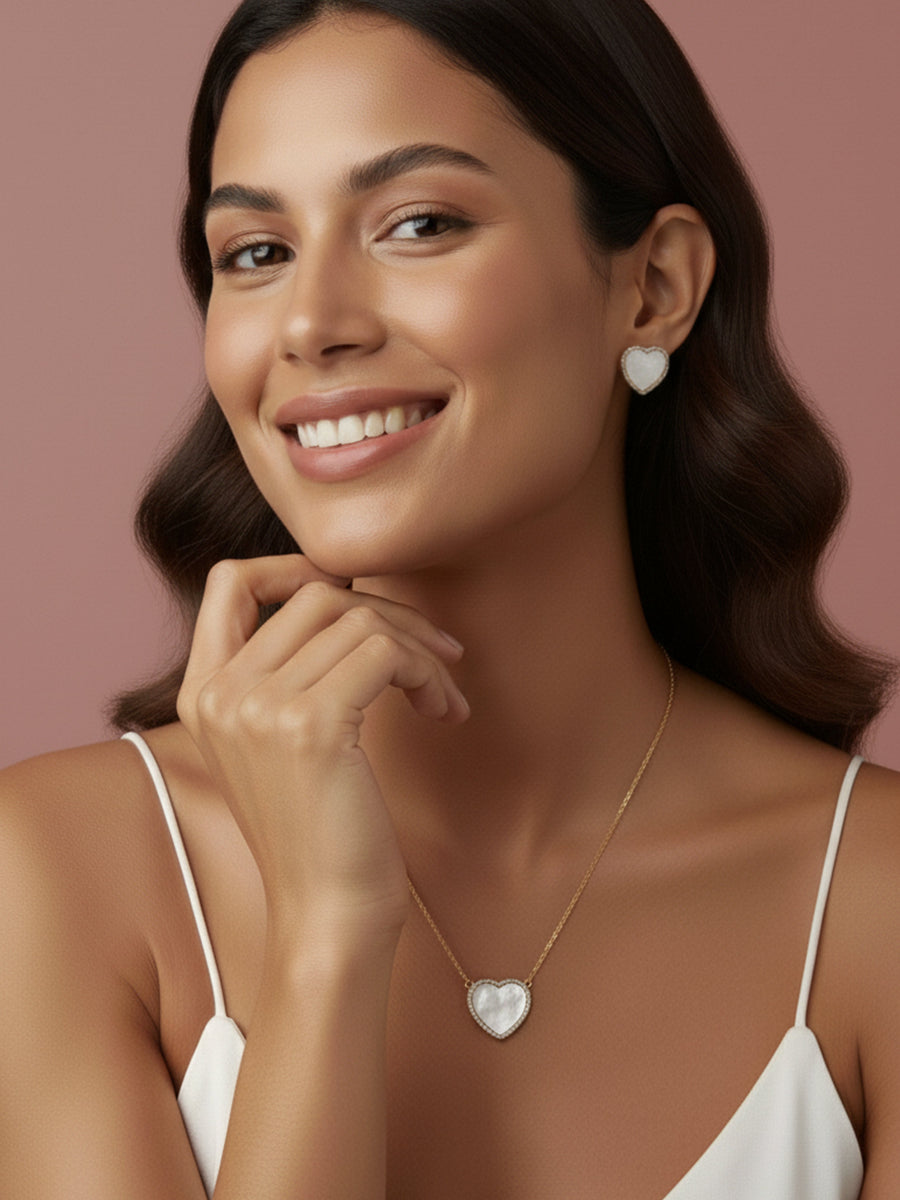 Mother of Pearl Heart Shape with CZ Earrings