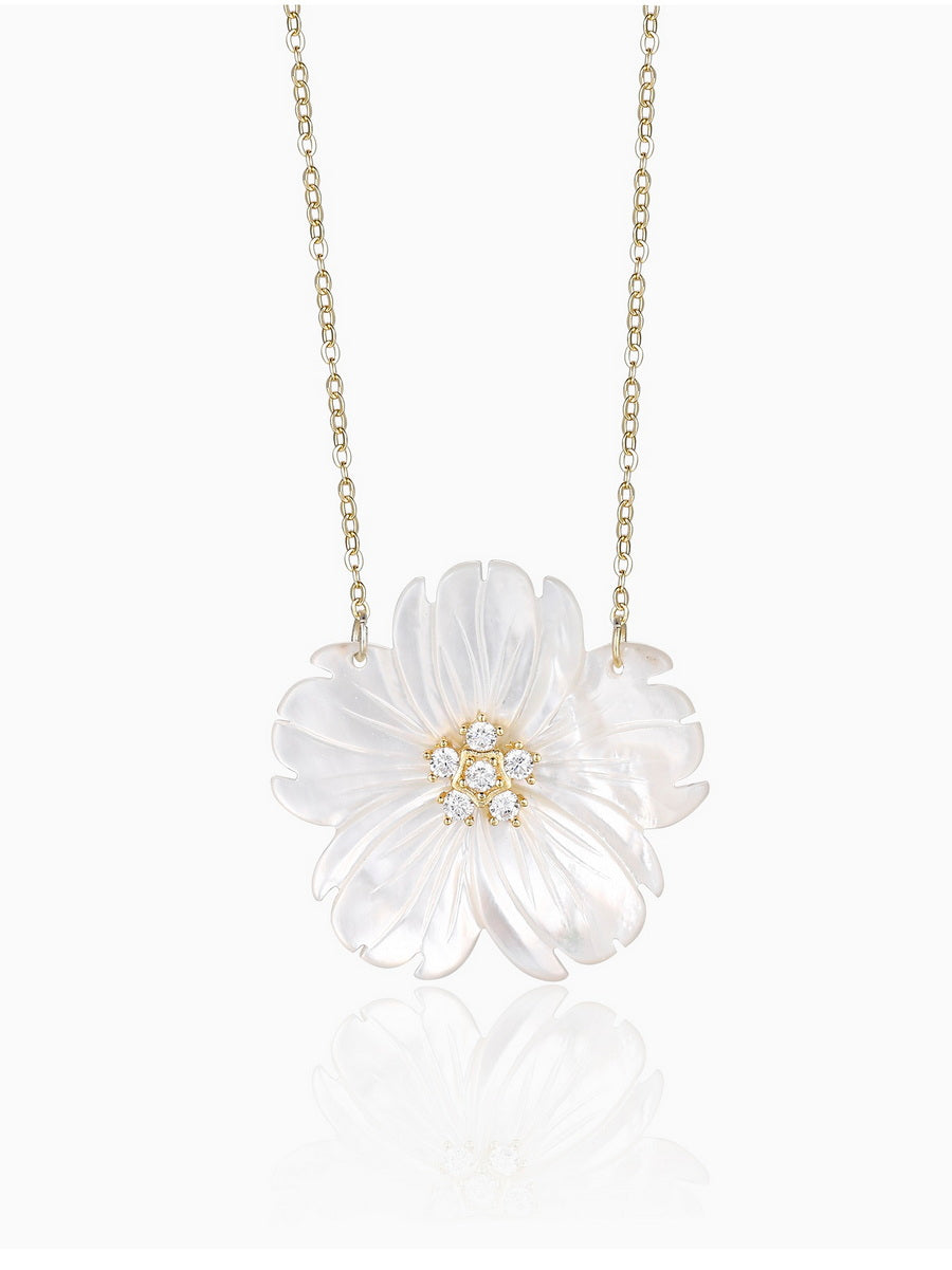 Dainty Mother of Pearl Flower with CZ Necklace