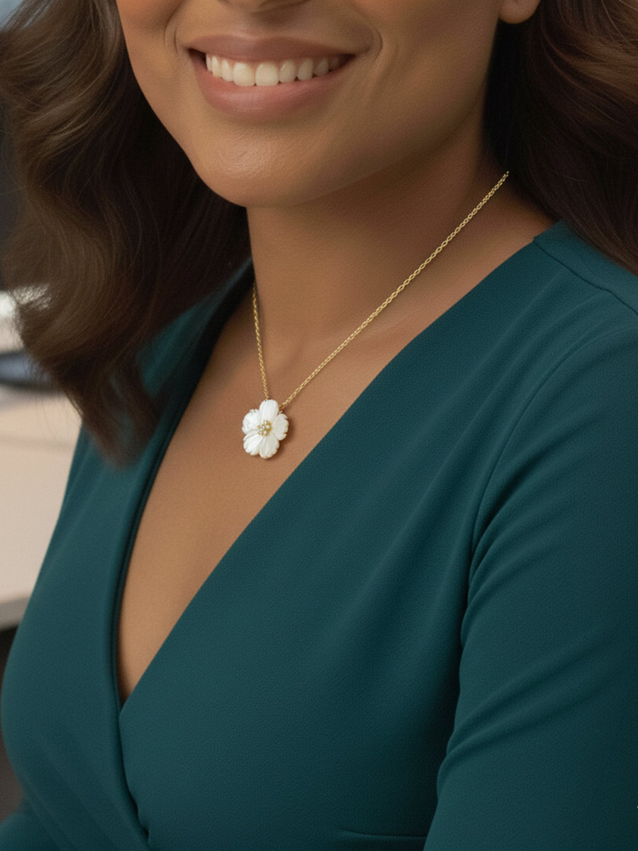 Dainty Mother of Pearl Flower with CZ Necklace
