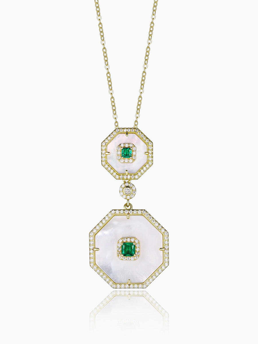 Delicate Mother of Pearl Double Octagon CZ Necklaces