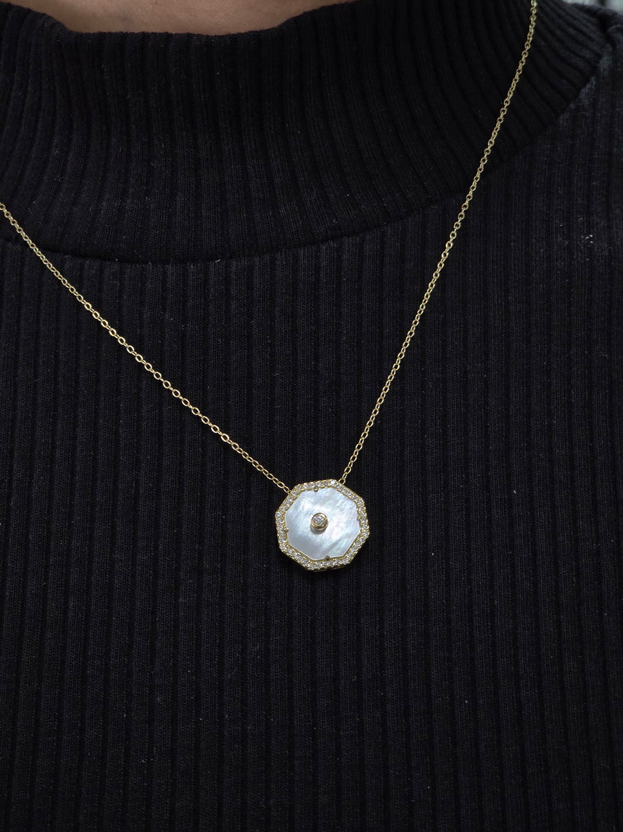 Mother of Pearl Octagon White CZ Necklace