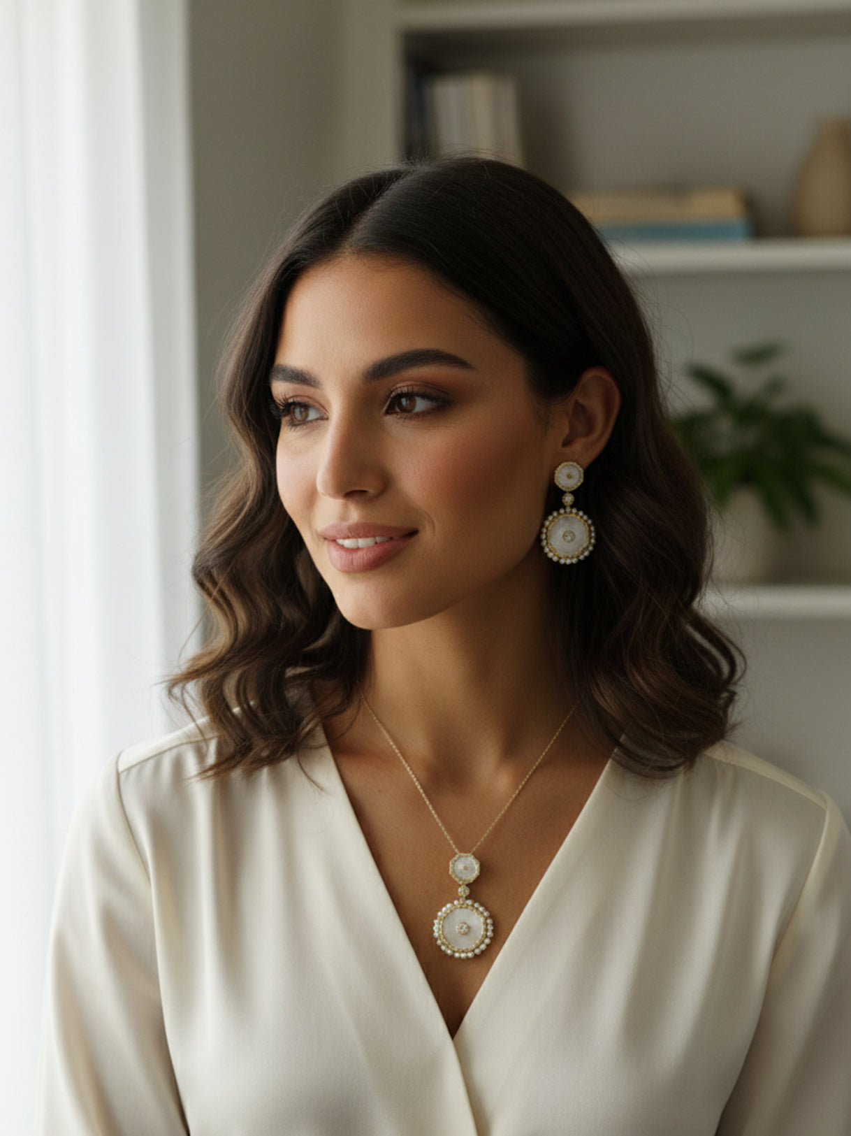 Mother of Pearl Double Octagon White CZ Necklace